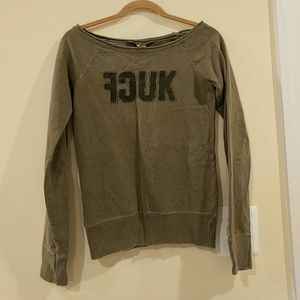 Over the shoulder distressed brown sweater